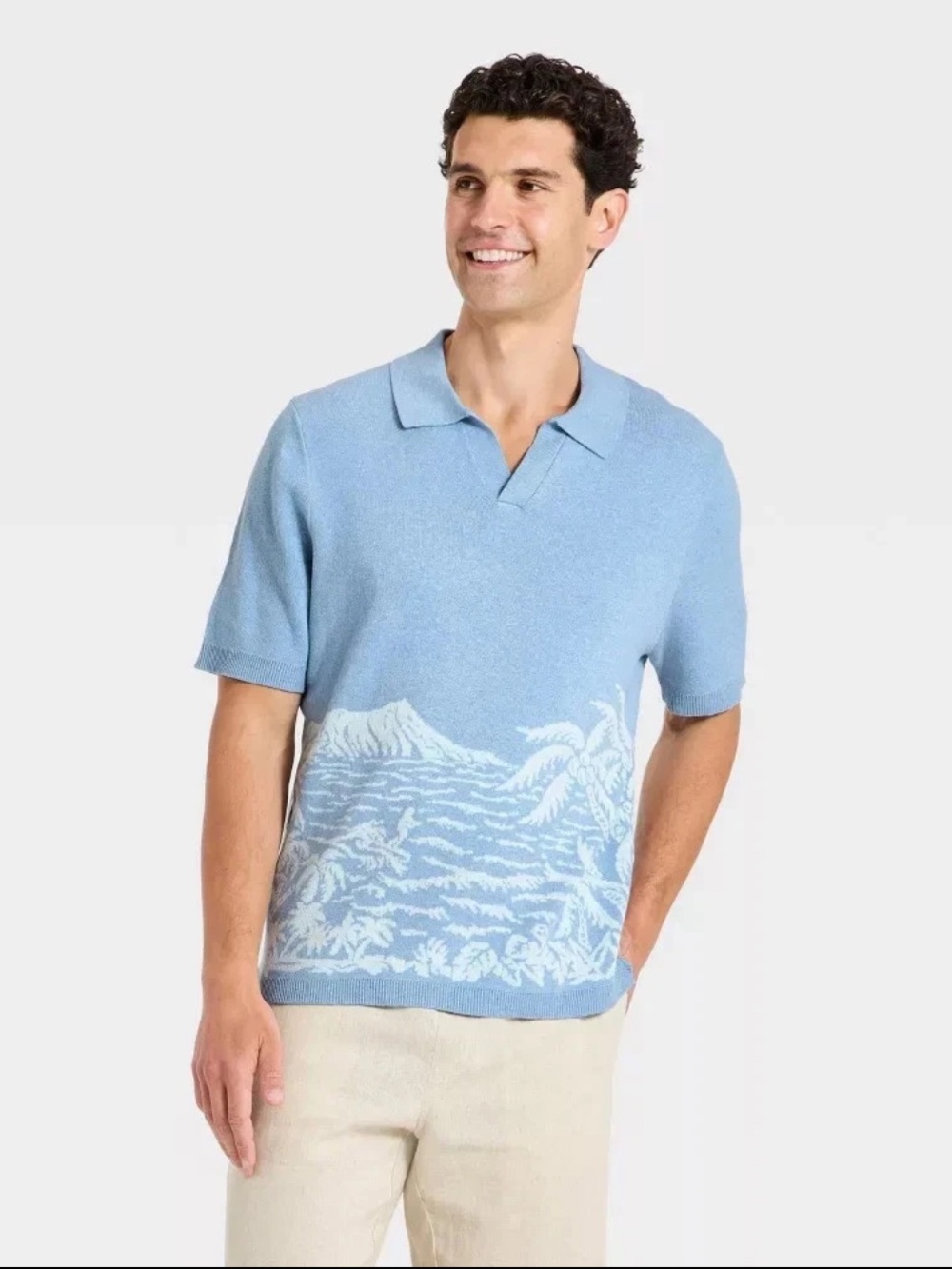 Reyn Spooner x Goodfellow Light Blue White Tropical Jacquard Knit Polo Sweater S